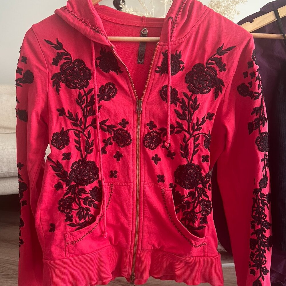 Free People Red Flower Embroidered 100% Cotton Jacket Medium